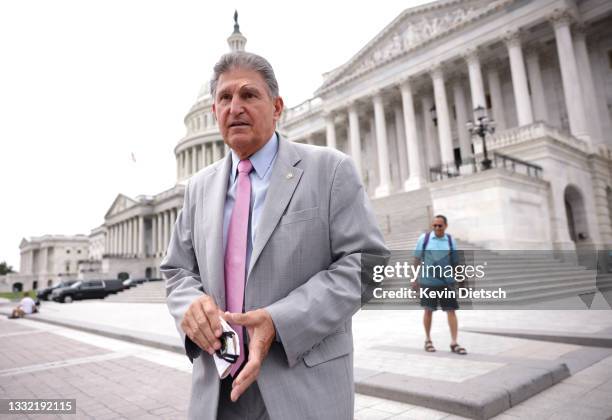 Sen. Joe Manchin leaves the U.S. Capitol following a vote on August 03, 2021 in Washington, DC. The Senate has moved on to the amendments process...