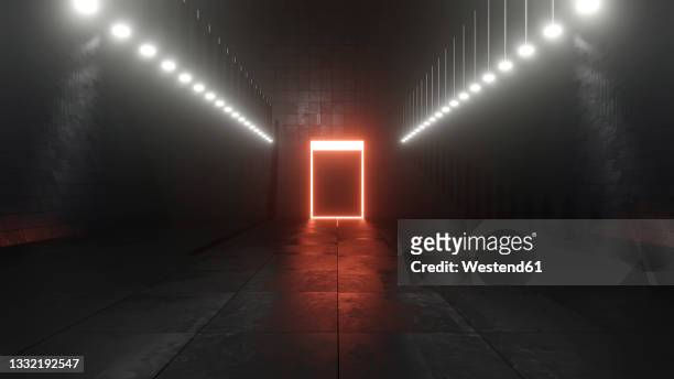 three dimensional render of red doorway glowing at end of dark corridor - mystery stock illustrations