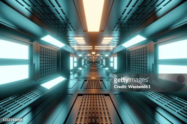 three dimensional render of futuristic corridor inside spaceship or space station - indoors stock illustrations