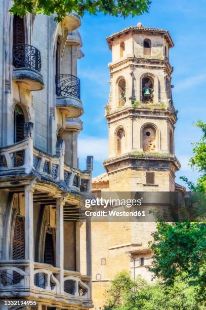 spain, mallorca, palma de mallorca, belltower of saint nicholas church - palma mallorca stock pictures, royalty-free photos & images