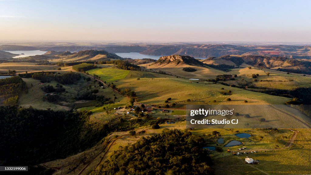 Aerial capture with drone from the top of the Gavião hill in Parana. Brazil