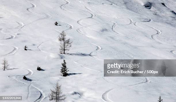 high angle view of snow covered field,davos,switzerland - davos switzerland stock pictures, royalty-free photos & images