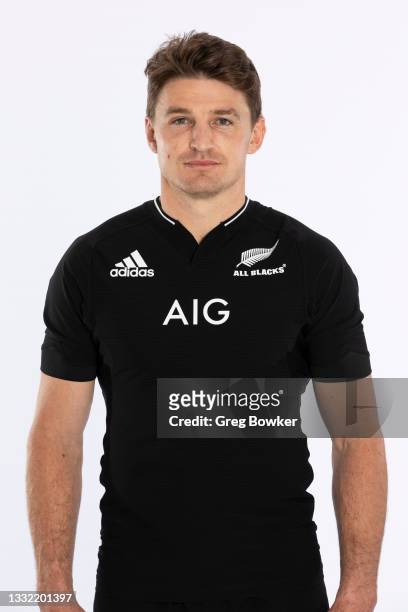 Beauden Barrett poses during the New Zealand All Blacks team headshots session at Clearwater Resorton July 28, 2021 in Christchurch, New Zealand.