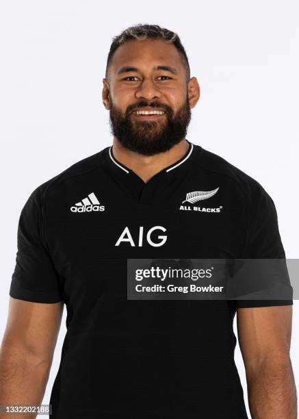 Patrick Tuipulotu poses during the New Zealand All Blacks team headshots session at Clearwater Resort on July 28, 2021 in Christchurch, New Zealand.