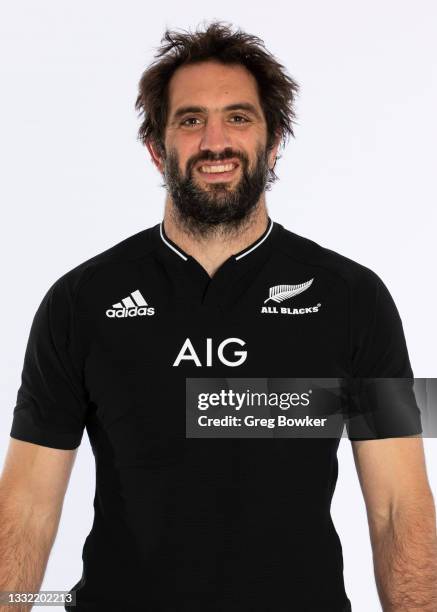 Sam Whitelock poses during the New Zealand All Blacks team headshots session at Clearwater Resort on July 28, 2021 in Christchurch, New Zealand.