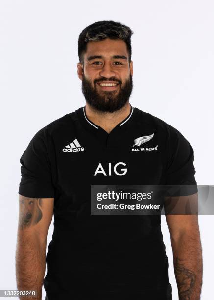 Akira Ioane poses during the New Zealand All Blacks team headshots session at Clearwater Resort on July 28, 2021 in Christchurch, New Zealand.