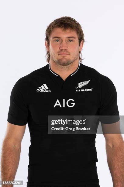 Ethan Blackadder poses during the New Zealand All Blacks team headshots session at XXX on July 28, 2021 in Christchurch, New Zealand.