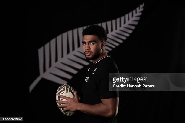 Hoskins Sotutu poses during an All Blacks Portrait session on July 28, 2021 in Christchurch, New Zealand.
