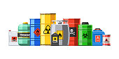Different container with hazard chemical liquid in row line