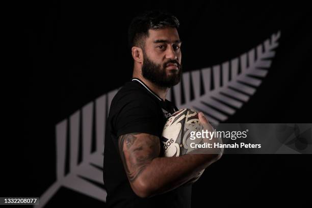 Akira Ioane poses during an All Blacks Portrait session on July 28, 2021 in Christchurch, New Zealand.
