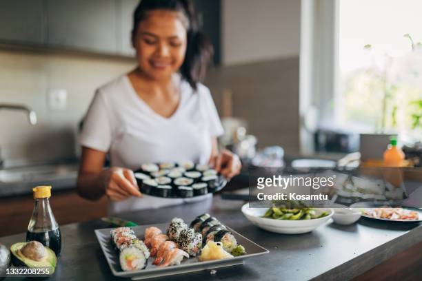 the sushi plate is done! - shrimp edamame stock pictures, royalty-free photos & images