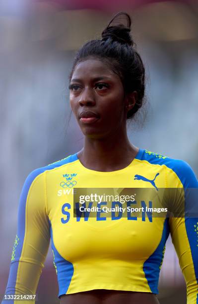 Khaddi Sagnia of Team Sweden looks on in the Women's Long Jump Qualification on day nine of the Tokyo 2020 Olympic Games at Olympic Stadium on August...