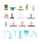 Different type of fountain and pouring water flow set