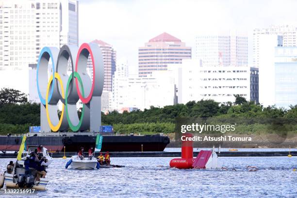 General view as swimmers compete in the Women's 10km Marathon Swimming on day twelve of the Tokyo 2020 Olympic Games at Odaiba Marine Park on August...