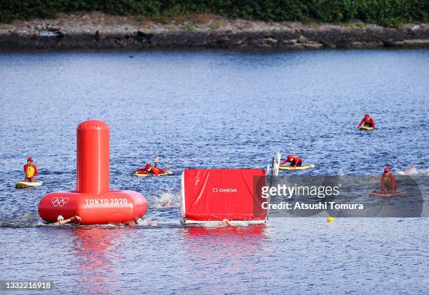 General view as swimmers compete in the Women's 10km Marathon Swimming on day twelve of the Tokyo 2020 Olympic Games at Odaiba Marine Park on August...