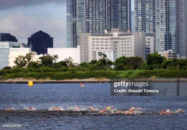 General view as swimmers compete in the Women's 10km Marathon Swimming on day twelve of the Tokyo 2020 Olympic Games at Odaiba Marine Park on August...