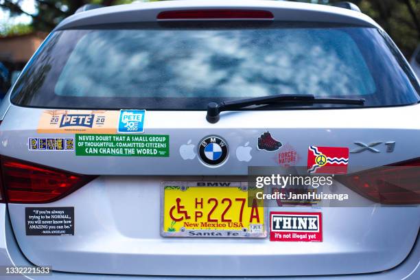 santa fe, nm: truck covered with southwest usa bumper stickers - bumper sticker stock pictures, royalty-free photos & images