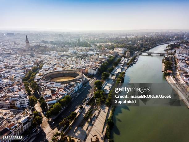 aerial view of seville with visible bullring and cathedral tower, andalusia, spain - provincia de sevilla stock pictures, royalty-free photos & images