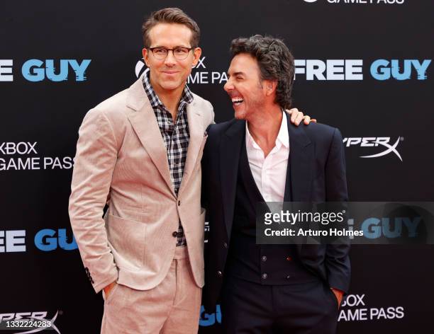 Ryan Reynolds and director Shawn Levy attend the "Free Guy" New York Premiere at AMC Lincoln Square Theater on August 03, 2021 in New York City.