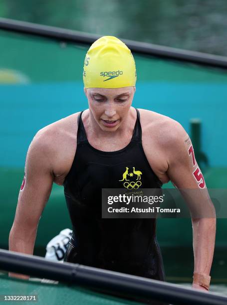 Kareena Lee of Team Australia exits the water after winning a bronze medal in the Women's 10km Marathon Swimming on day twelve of the Tokyo 2020...