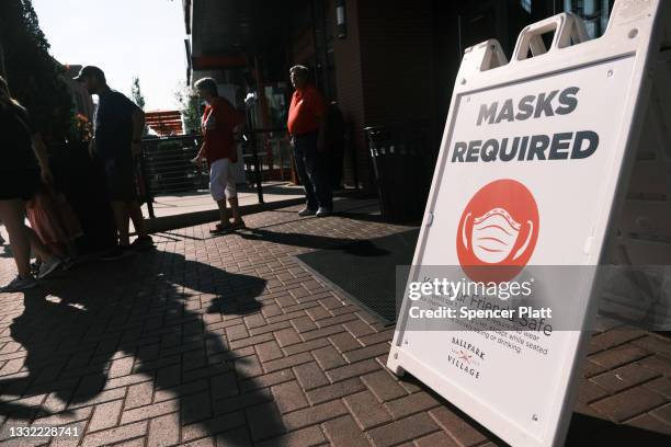 People, some in masks, head to a St. Louis Cardinals game in downtown St. Louis on August 03, 2021 in St Louis, Missouri. According to the latest...