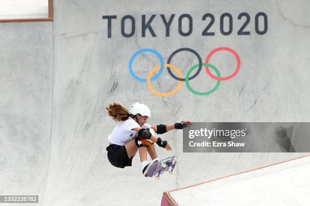 Lilly Stoephasius of Team Germany competes during the Women's Skateboarding Park Preliminary Heat on day twelve of the Tokyo 2020 Olympic Games at...