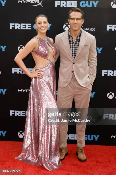 Blake Lively and Ryan Reynolds attend the "Free Guy" New York Premiere at AMC Lincoln Square Theater on August 03, 2021 in New York City.