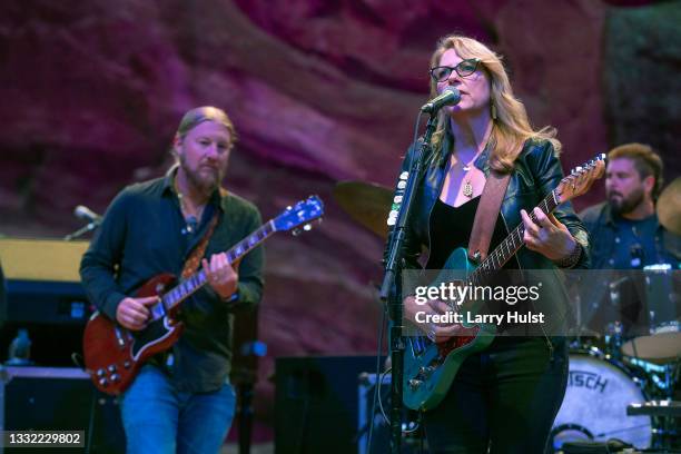 Derek Trucks and Susan Tedeschi and the Tedeschi Trucks band performs at the Red Rocks amphitheater in Morrison, Colorado on July 31, 2021.