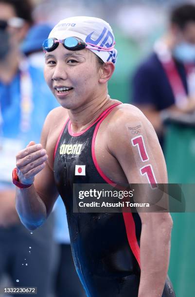 Yumi Kida of Team Japan after competing in the Women's 10km Marathon Swimming on day twelve of the Tokyo 2020 Olympic Games at Odaiba Marine Park on...