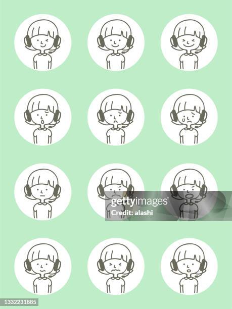 cute avatar icons (facial expression, emoticon) of girls wearing headphones in thin-line style - im sorry stock illustrations