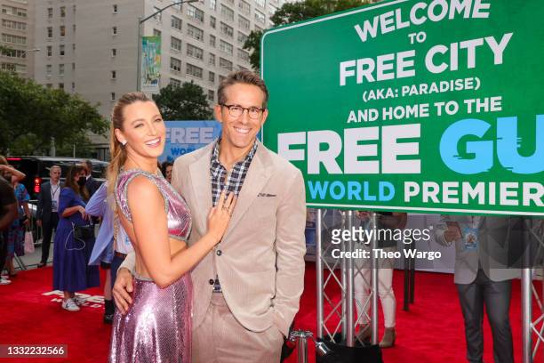 Blake Lively and Ryan Reynolds attend the World Premiere of 20th Century Studios' Free Guy on August 03, 2021 in New York City.