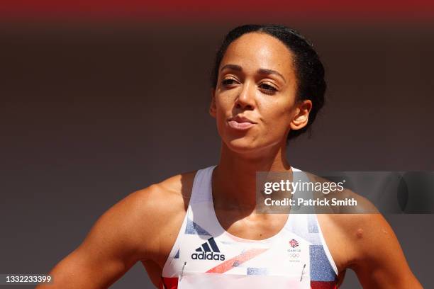 Katarina Johnson-Thompson of Team Great Britain looks on during the Women's Heptathlon 100m Hurdles heats on day twelve of the Tokyo 2020 Olympic...