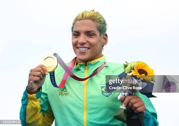Gold medalist Ana Marcela Cunha of Team Brazil poses after the Women's 10km Marathon Swimming on day twelve of the Tokyo 2020 Olympic Games at Odaiba...