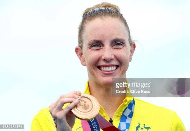 Bronze medalist Kareena Lee of Team Australia poses after the Women's 10km Marathon Swimming on day twelve of the Tokyo 2020 Olympic Games at Odaiba...