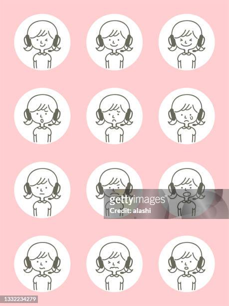 ilustrações, clipart, desenhos animados e ícones de ícones de avatar bonitos (expressão facial, emoticon) de meninas usando fones de ouvido em estilo de linha fina - design plat