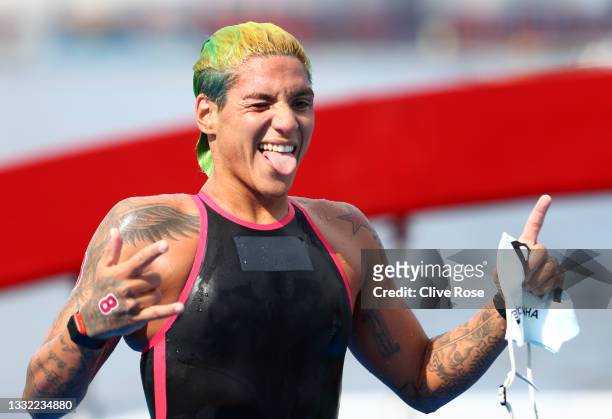 Gold medalist Ana Marcela Cunha of Team Brazil reacts after winning gold in the Women's 10km Marathon Swimming on day twelve of the Tokyo 2020...