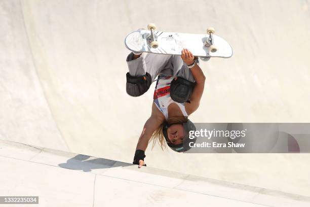 Sky Brown of Team Great Britain warms up prior to the Women's Skateboarding Park Preliminary Heat on day twelve of the Tokyo 2020 Olympic Games at...