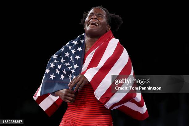 Tamyra Mariama Mensah-Stock of Team United States celebrates defeating Blessing Oborududu of Team Nigeria during the Women's Freestyle 68kg Gold...