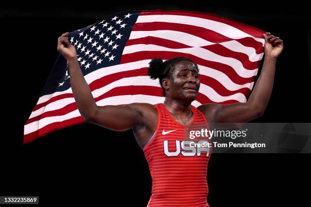 Tamyra Mariama Mensah-Stock of Team United States celebrates defeating Blessing Oborududu of Team Nigeria during the Women's Freestyle 68kg Gold...