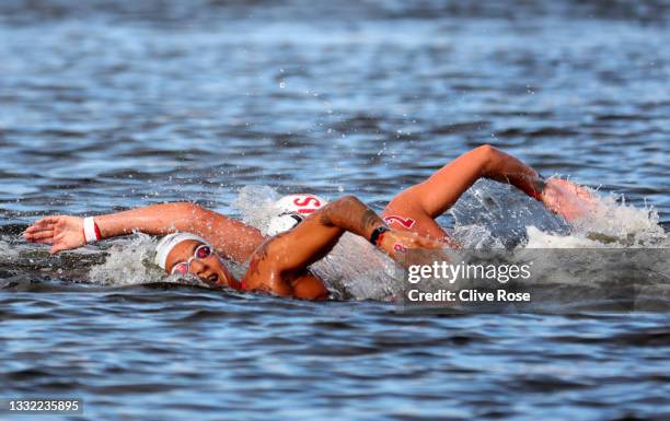 Ana Marcela Cunha of Team Brazil competes in the Women's 10km Marathon Swimming on day twelve of the Tokyo 2020 Olympic Games at Odaiba Marine Park...
