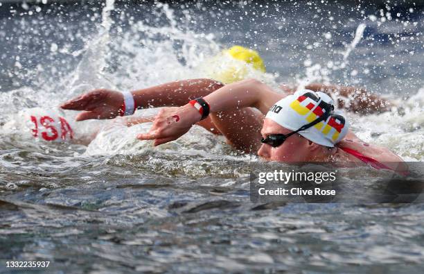 Finnia Wunram of Team Germany competes in the Women's 10km Marathon Swimming on day twelve of the Tokyo 2020 Olympic Games at Odaiba Marine Park on...