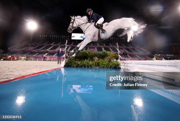 Katie Laurie of Team Australia riding Casebrooke Lomond competes during the Jumping Individual Qualifier on day eleven of the Tokyo 2020 Olympic...