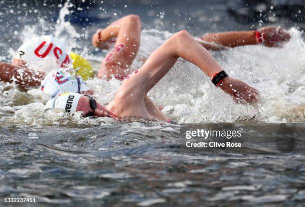 Finnia Wunram of Team Germany competes in the Women's 10km Marathon Swimming on day twelve of the Tokyo 2020 Olympic Games at Odaiba Marine Park on...