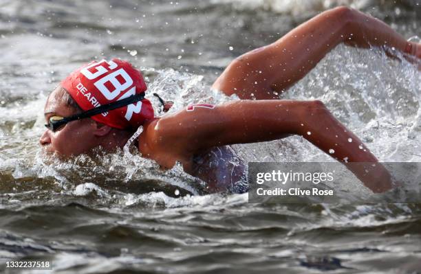 Alice Dearing of Team Great Britain competes in the Women's 10km Marathon Swimming on day twelve of the Tokyo 2020 Olympic Games at Odaiba Marine...