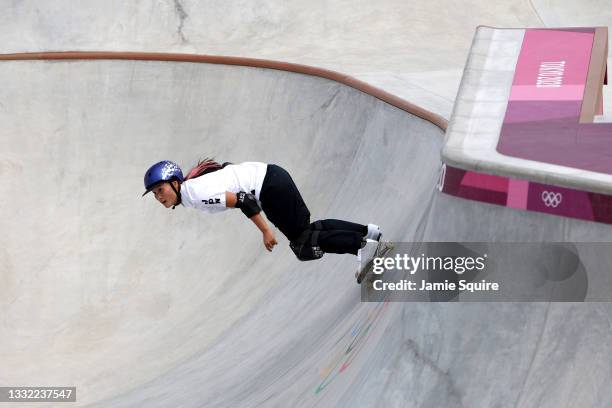 Sakura Yosozumi of Team Japan competes during the Women's Skateboarding Park Preliminary Heat on day twelve of the Tokyo 2020 Olympic Games at Ariake...