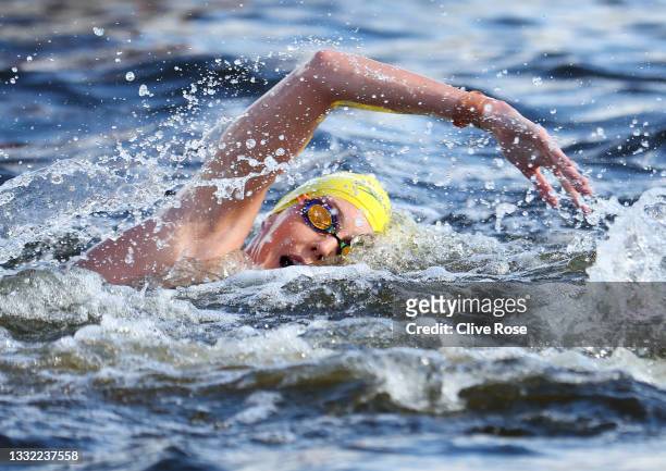 Kareena Lee of Team Australia competes in the Women's 10km Marathon Swimming on day twelve of the Tokyo 2020 Olympic Games at Odaiba Marine Park on...