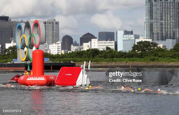 General view as swimmers compete in the Women's 10km Marathon Swimming on day twelve of the Tokyo 2020 Olympic Games at Odaiba Marine Park on August...