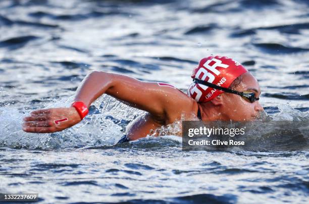 Alice Dearing of Team Great Britain competes in the Women's 10km Marathon Swimming on day twelve of the Tokyo 2020 Olympic Games at Odaiba Marine...