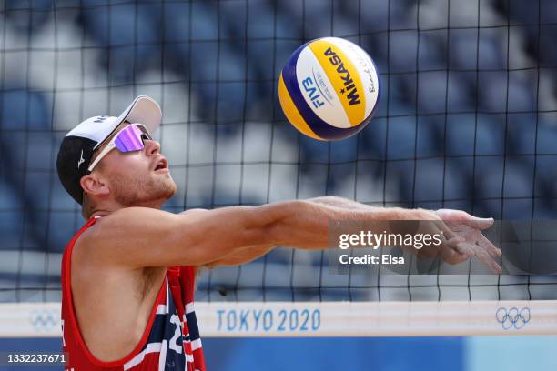 Christian Sandlie Sorum of Team Norway returns the ball against Team ROC during the Men's Quarterfinal beach volleyball on day twelve of the Tokyo...