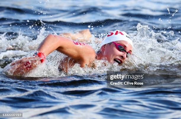 Haley Anderson of Team United States competes in the Women's 10km Marathon Swimming on day twelve of the Tokyo 2020 Olympic Games at Odaiba Marine...